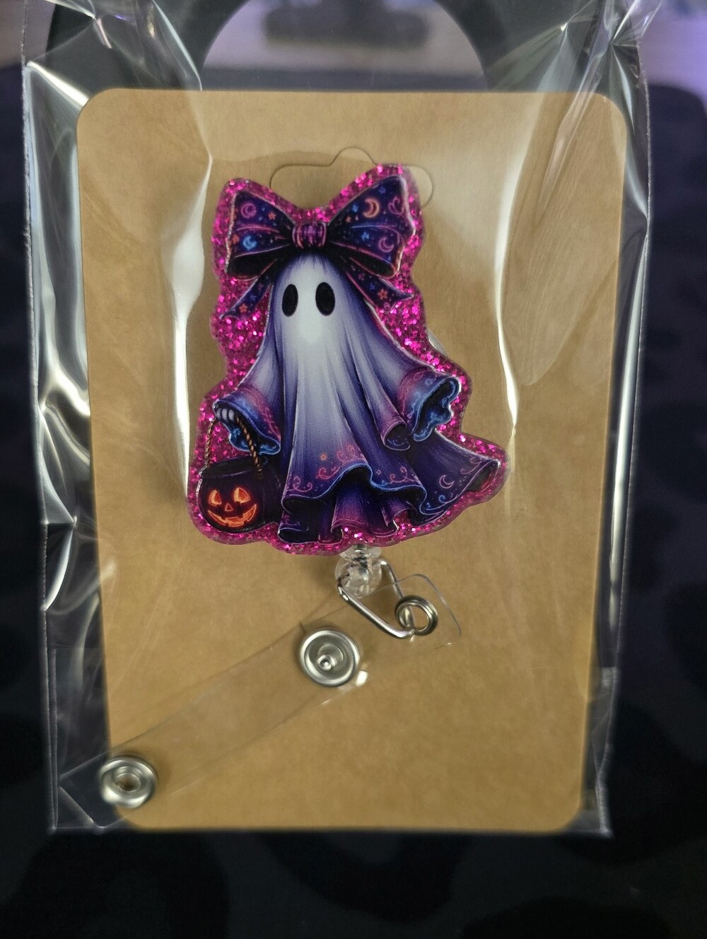Halloween Glitter Ghost Novelty Badge Reel - Retractable ID Holder